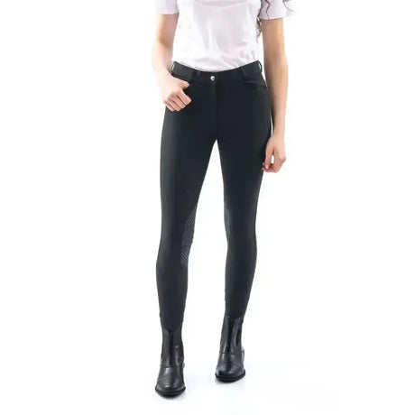 Black whitaker clayton grip knee riding breech with mesh panels on thighs for grip and style