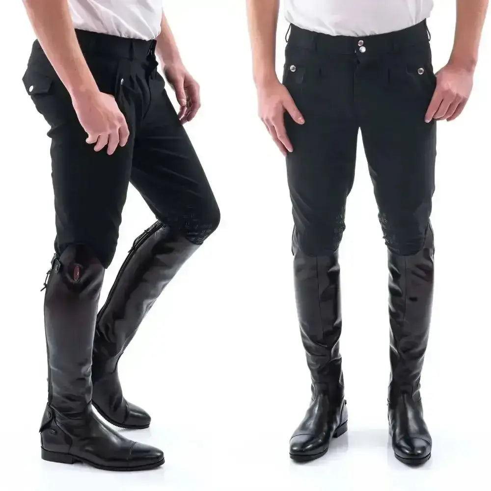 Black whitaker clayton grip knee breech with reinforced knee patches and buttoned side pockets for riding comfort