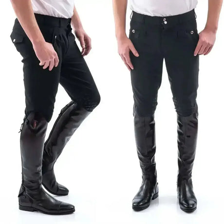 Black whitaker clayton grip knee breech with reinforced knee patches and buttoned side pockets for riding comfort