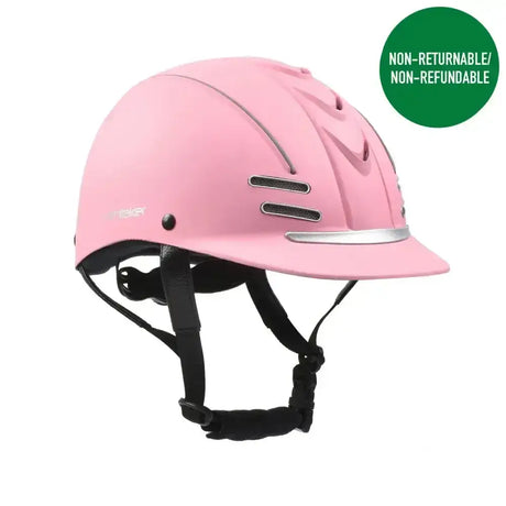 Pink whitaker club young rider helmet with matte finish and silver ventilation slots and trim for young riders