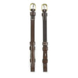 Brown leather whitaker cp100 billet cheek pieces with gold buckles and white stitching in havana color