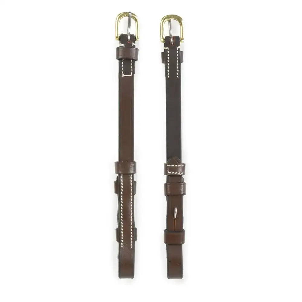Brown leather whitaker cp100 billet cheek pieces with gold buckles and white stitching in havana color