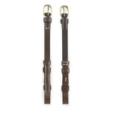 Brown leather whitaker cp100 billet cheek pieces with gold buckles and white stitching in havana color