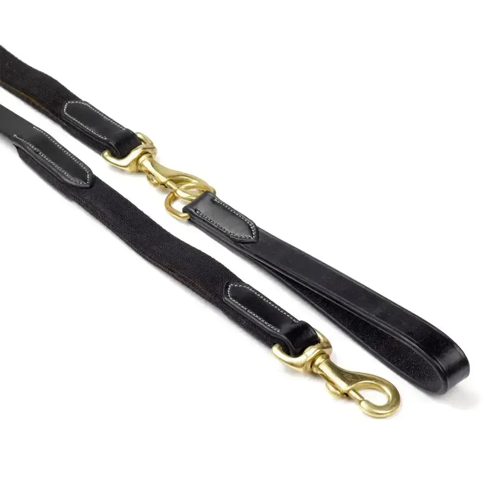 Black leather draw reins with brass hardware and stitched detailing from whitaker draw reins elastic