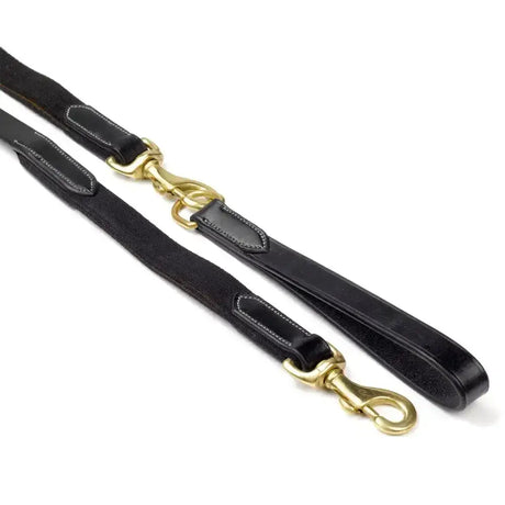 Black leather draw reins with brass hardware and stitched detailing from whitaker draw reins elastic