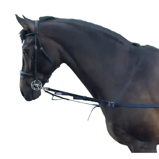 Black leather horse bridle with silver hardware and purple brand tag used in whitaker elasticated side reins for horse tack