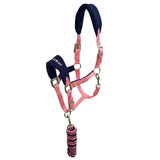 Pink and navy blue whitaker hc160 club headcollar with padded headpiece and braided rope set pink with metal buckles