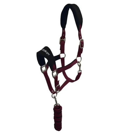 Maroon leather whitaker hc160 club headcollar with black padded headpiece and matching braided leadrope set burgundy