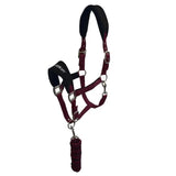 Maroon leather whitaker hc160 club headcollar with black padded headpiece and silver hardware with leadrope set burgundy