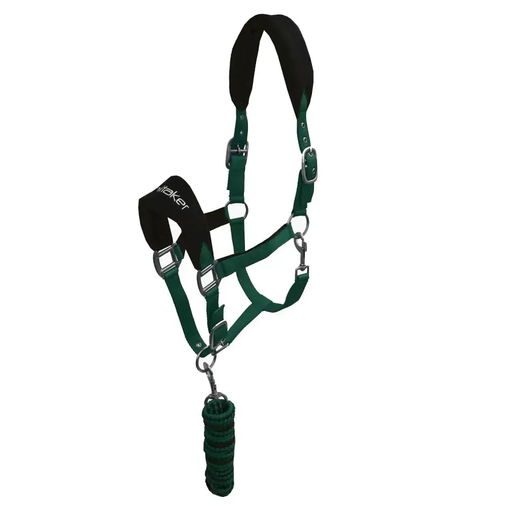 Green leather whitaker hc160 club headcollar with black padded headpiece and matching coiled leadrope set green