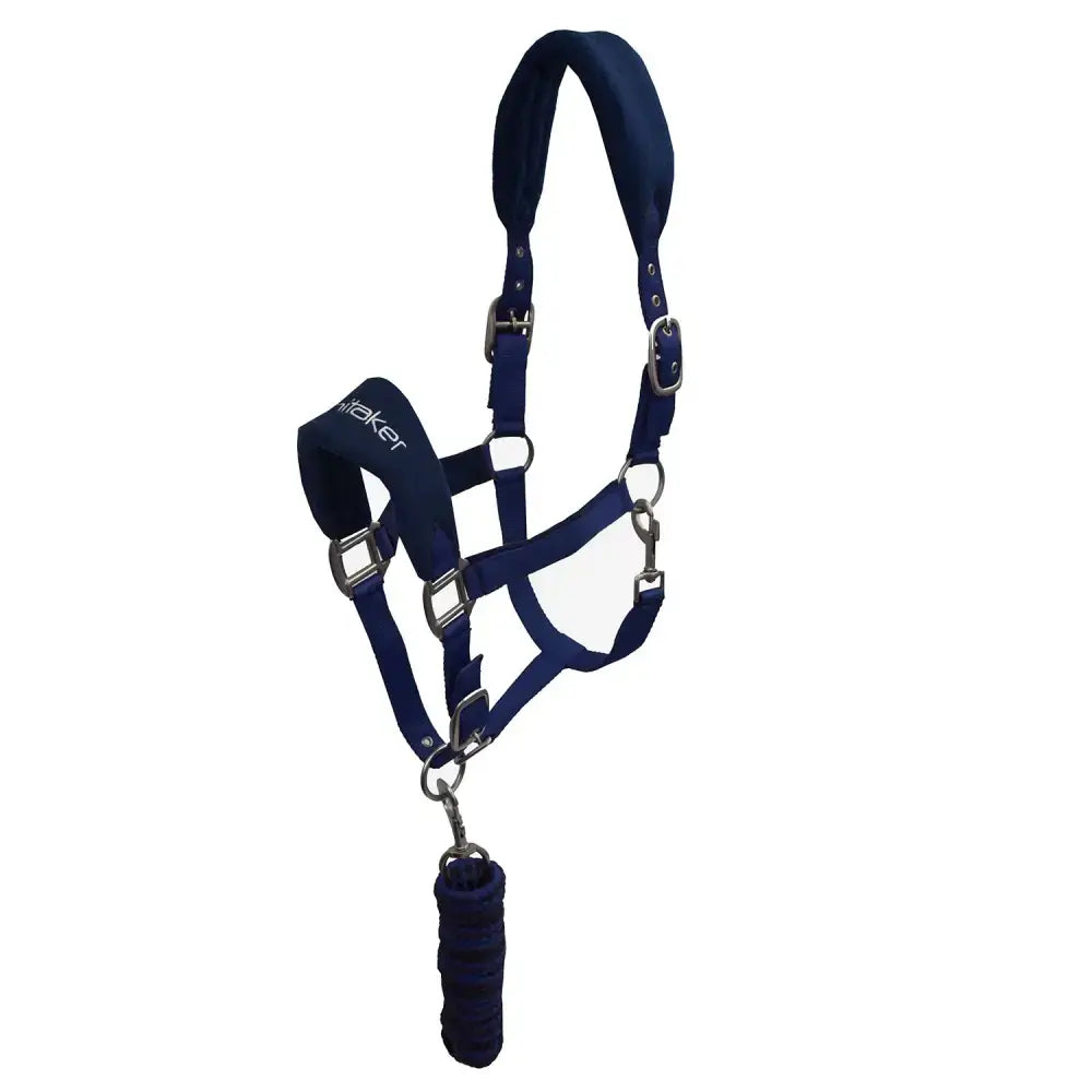 Navy blue padded whitaker hc160 club headcollar with silver hardware and matching padded leadrope set navy