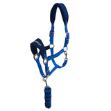 Blue leather whitaker hc160 club headcollar with padded headpiece and matching leadrope set royal blue