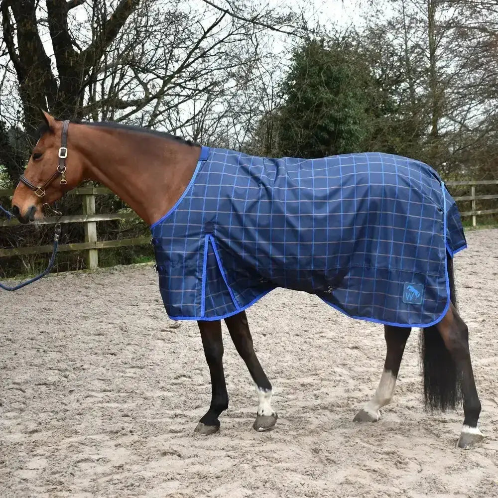 Blue plaid whitaker jacob lightweight turnout rug with matching trim perfect for lightweight turnout use