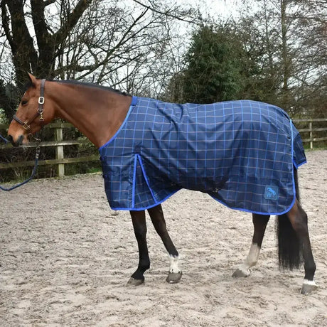 Blue plaid whitaker jacob lightweight turnout rug with matching trim perfect for lightweight turnout use