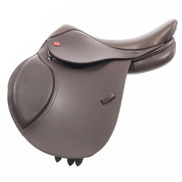 Brown leather whitaker jws045 pony gp saddle havana with red logo on the flap
