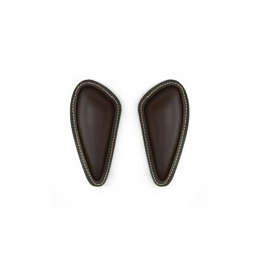 A pair of dark brown leather ear-shaped phone stand holders with white stitching for whitaker jws05bo7 jumping blocks