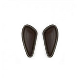 A pair of dark brown leather ear-shaped phone stand holders with white stitching for whitaker jws05bo7 jumping blocks