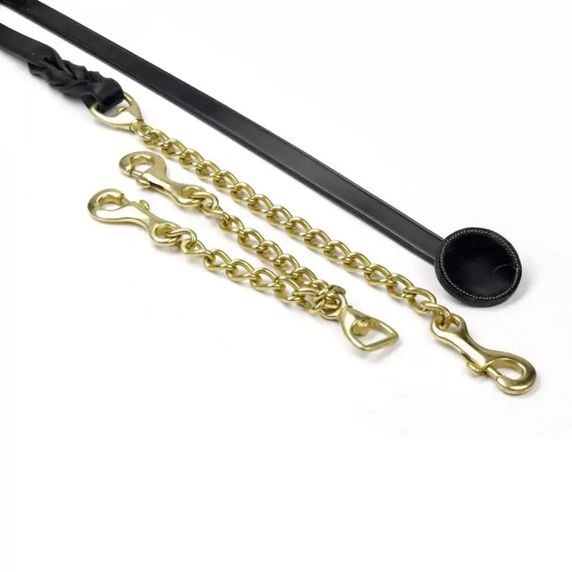 Black leather horse lead with gold-toned chain and hardware from whitaker lcl leather show lead collection