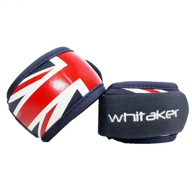 Red white and navy blue union jack-themed whitaker lp033 leg bands with embroidered whitaker logo on black strap