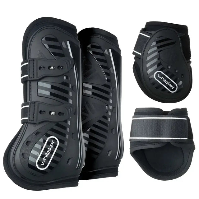 Black whitaker lp083 bingley tendon boots with silver reflective stripes and adjustable straps for leg protection