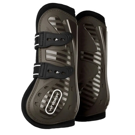 Dark gray and black whitaker lp083 bingley tendon boots with reflective silver stripes and adjustable velcro straps