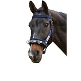 Navy blue whitaker lunge cavesson with silver hardware and white side label for cob size horses
