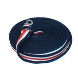 Navy blue whitaker lunge line with red white stripes and silver clasp designed for extra comfort during training