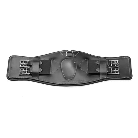 Black leather whitaker lw023 event girth black with silver buckles and central d-ring for secure fit