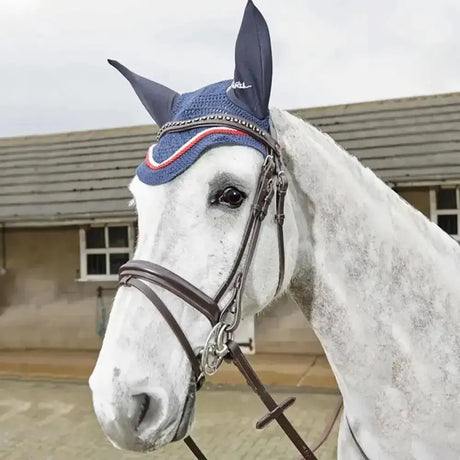 Navy blue knitted horse ear cover with red white trim and silver studs for whitaker lynton flash bridle with bejewelled diamante browband