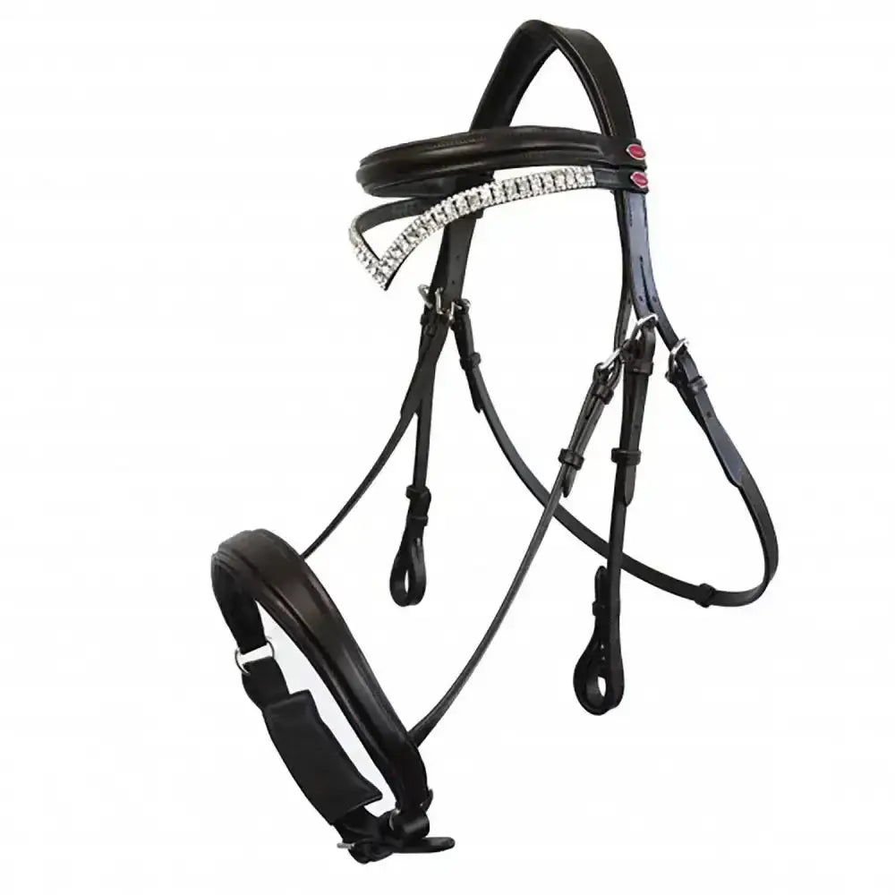 Black leather whitaker lynton snaffle bridle with decorative silver rhinestone spare browband black and pink buttons