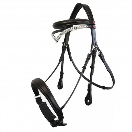 Black leather whitaker lynton snaffle bridle with decorative silver rhinestone spare browband black and pink buttons