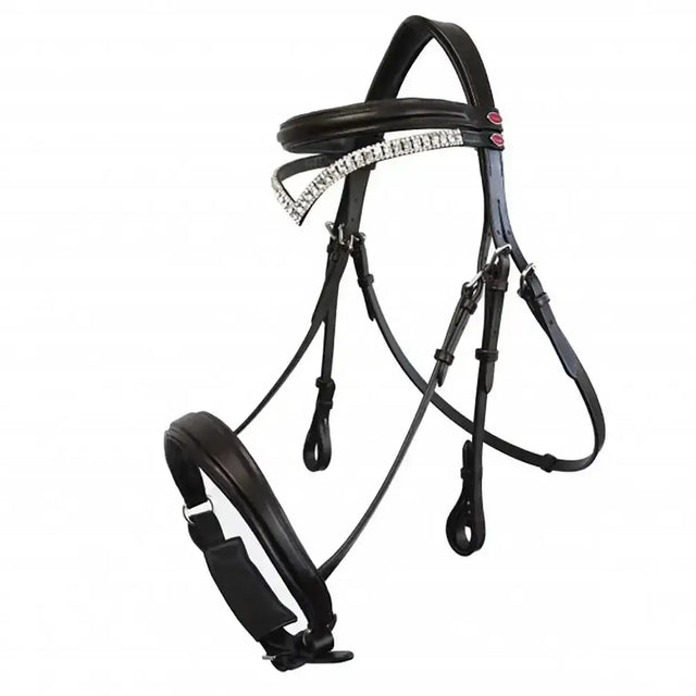 Black leather whitaker lynton snaffle bridle with decorative silver rhinestone spare browband black and pink buttons