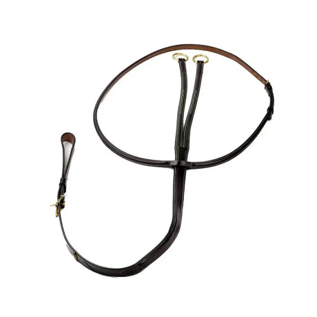 Black leather horse harness with gold-toned rings and buckle in the whitaker ma052 valencia luxury martingale style