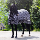 Black and white zebra print whitaker r236 marwell fly rug with black straps and belly flap for horse protection