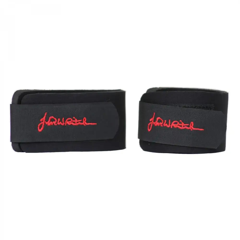 Black jawett wrist wraps with red branding made from whitaker nlb neoprene for secure support and comfort