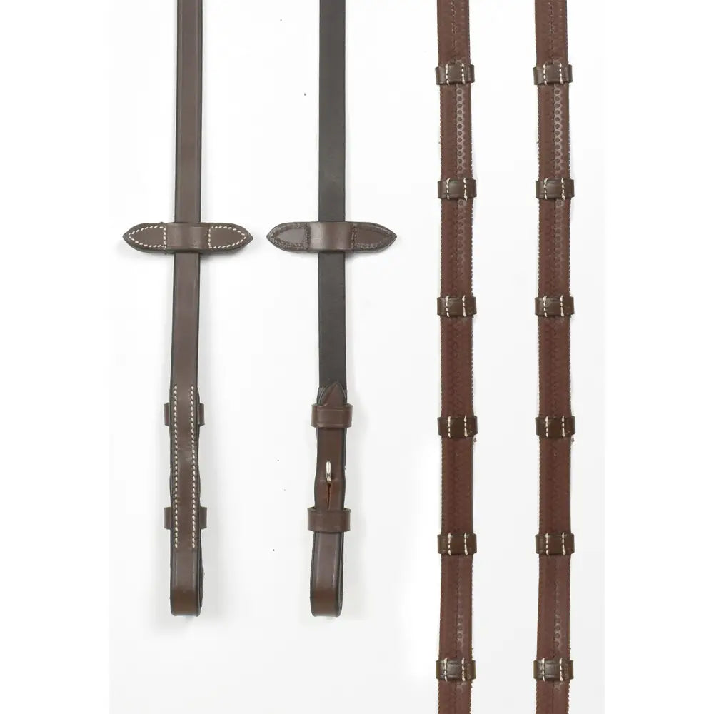 Brown leather whitaker rer100 billet horse reins with silver buckles and stitching for durable control and style