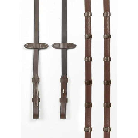 Brown leather whitaker rer100 billet horse reins with silver buckles and stitching for durable riding use