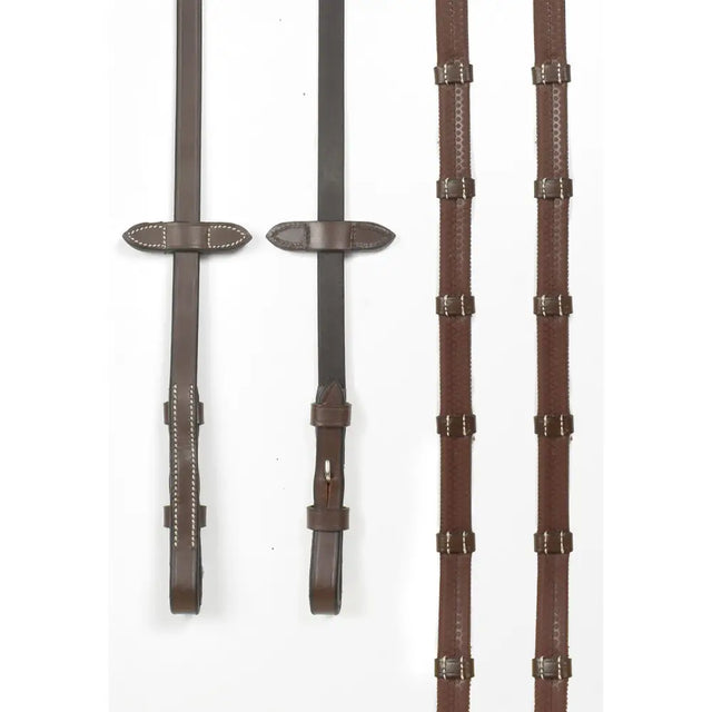 Brown leather whitaker rer100 billet horse reins with silver buckles and stitching for durable riding use