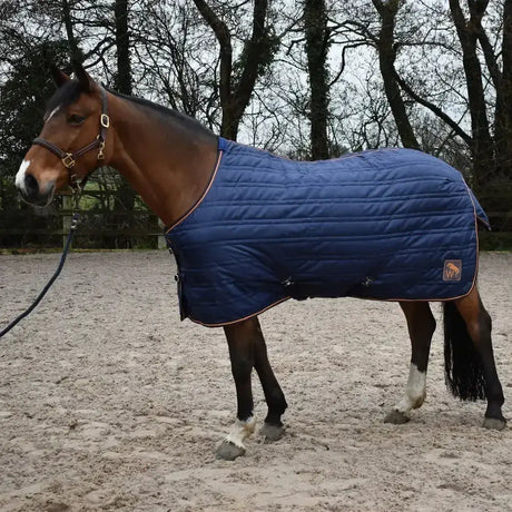 Navy blue quilted whitaker pippa stable rug 100gm with tan trim and logo patch perfect for horses in stable use