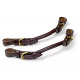 Brown leather whitaker pr pelham roundings horse reins with gold buckles featuring two points design