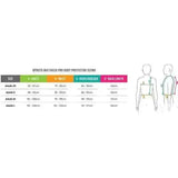 Whitaker pro body protector black sizing chart with color-coded chest waist shoulder and backlength measurements for adjustable fit velcro straps