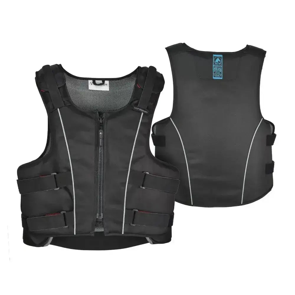 Black neoprene whitaker pro body zipped body protector with white stitching and adjustable fit velcro straps