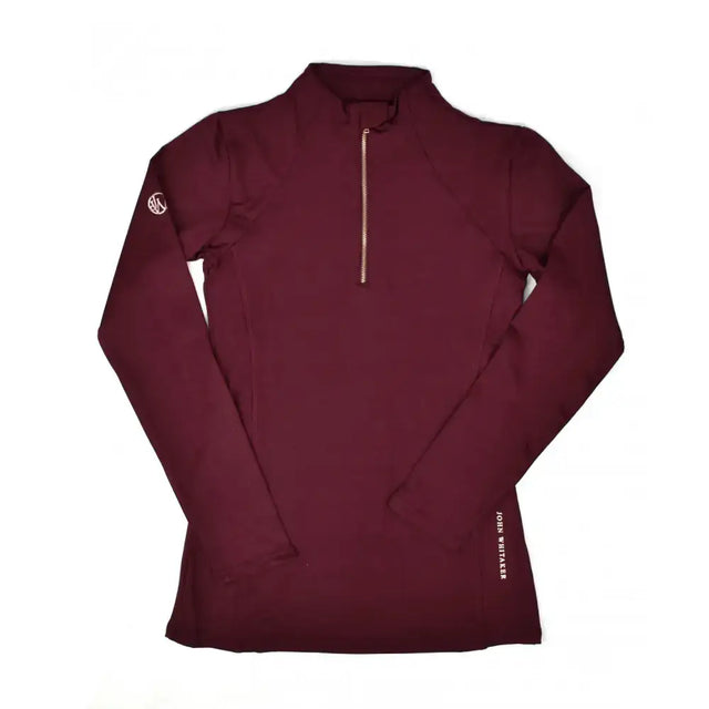 Maroon long-sleeved whitaker ps074 legend training baselayer with subtle logo and champagne gold brand text on side seam