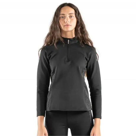 Black long-sleeved athletic top with silver speckled sides in whitaker ps255l hatfield ladies baselayer black