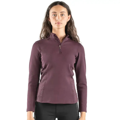 A maroon long-sleeve athletic top with quarter-zip and glittery sides for whitaker ps255l hatfield ladies baselayer plum