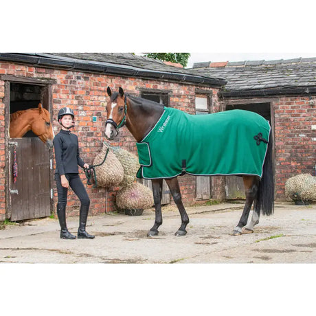 Green bonded fleece rug whitaker r160 club with white trim and black buckle details for show use