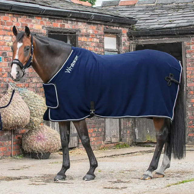 Navy blue whitaker r160 club show rug navy bonded fleece with white trim and front pocket for horses