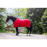 Black horse wearing a red whitaker r160 club bonded fleece rug with white trim and black branding