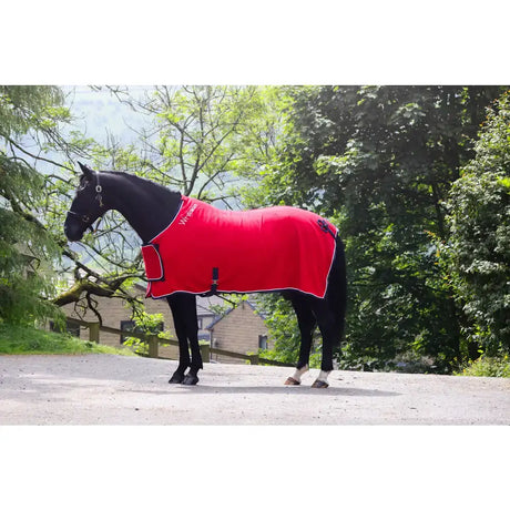 Black horse wearing a red whitaker r160 club bonded fleece rug with white trim and black branding