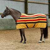 Yellow whitaker r404 fleece stripe rug with bold red and black stripes and whisker logo for equestrian horses